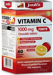 Jutavit Vitamín C 1000 mg Forte + vitamín D3 + extrakt zo šípok pomarančová príchuť 60 žuvacích tabliet