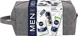 NIVEA Men Sensitive Gél na holenie 200 ml + balzam po holení 100 ml + roll-on 50 ml + balzam na pery 4,8 g + kozmetická taška Darčekové balenie